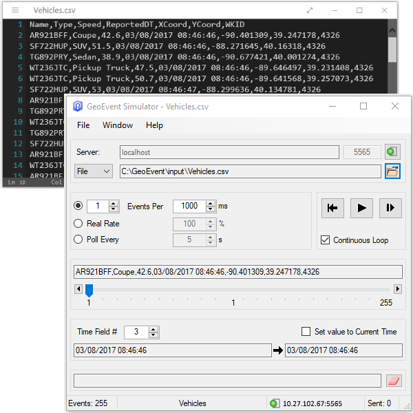 Delimited text being sent using GeoEvent Simulator Delimited text being sent using GeoEvent Simulator